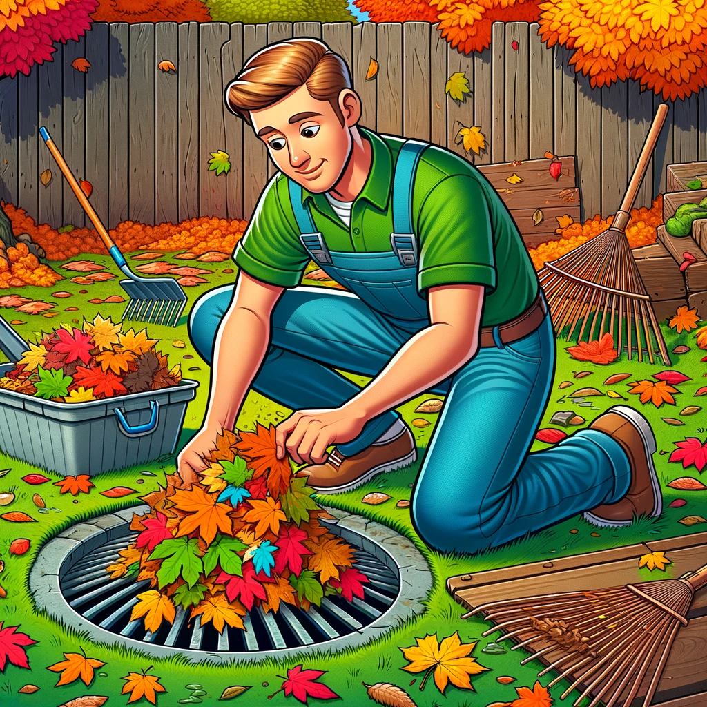 plumber pulling leaves out of a drain in fall
