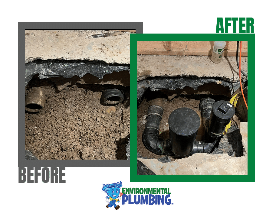 Before and after photos of a sewer repair completed by Environmental Plumbing in Ottawa