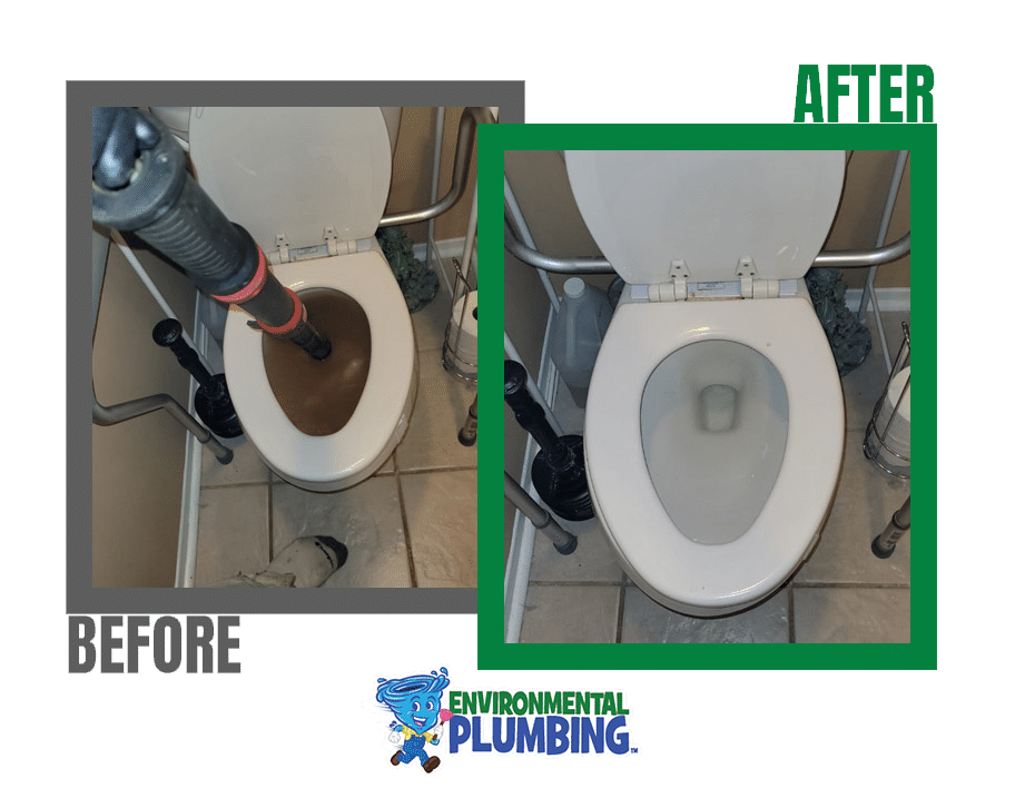 Before and after an overflowing clogged toilet was cleared with an auger