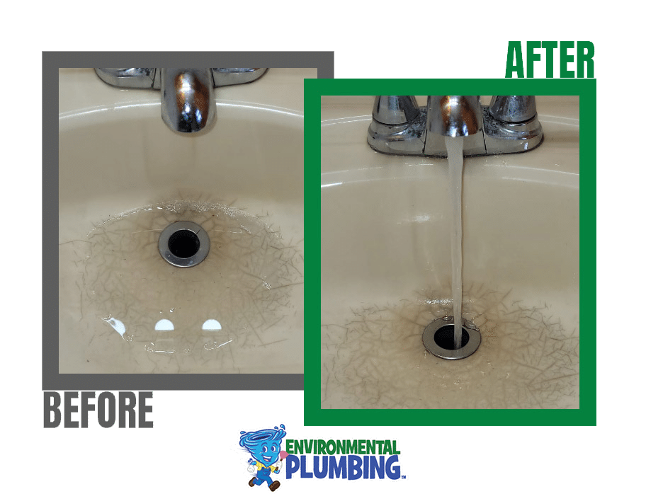 Before and after a clogged bathroom sink drain was cleared